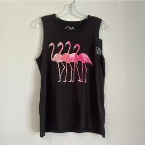 NWT Chaser "Painted Flamingos" Muscle Tank Top, Black, Women's Medium